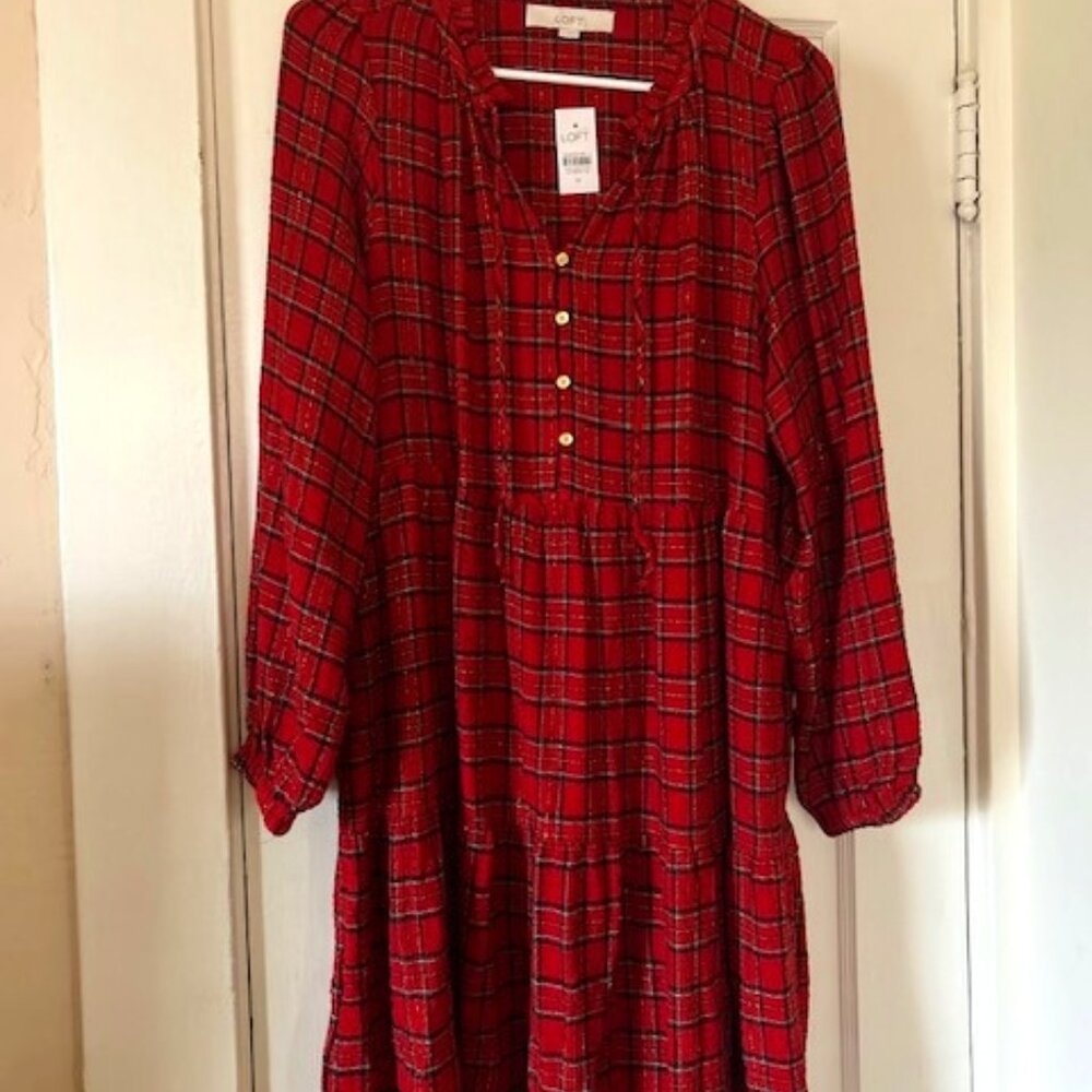 NWT Loft Plaid Tiered Dress, size M